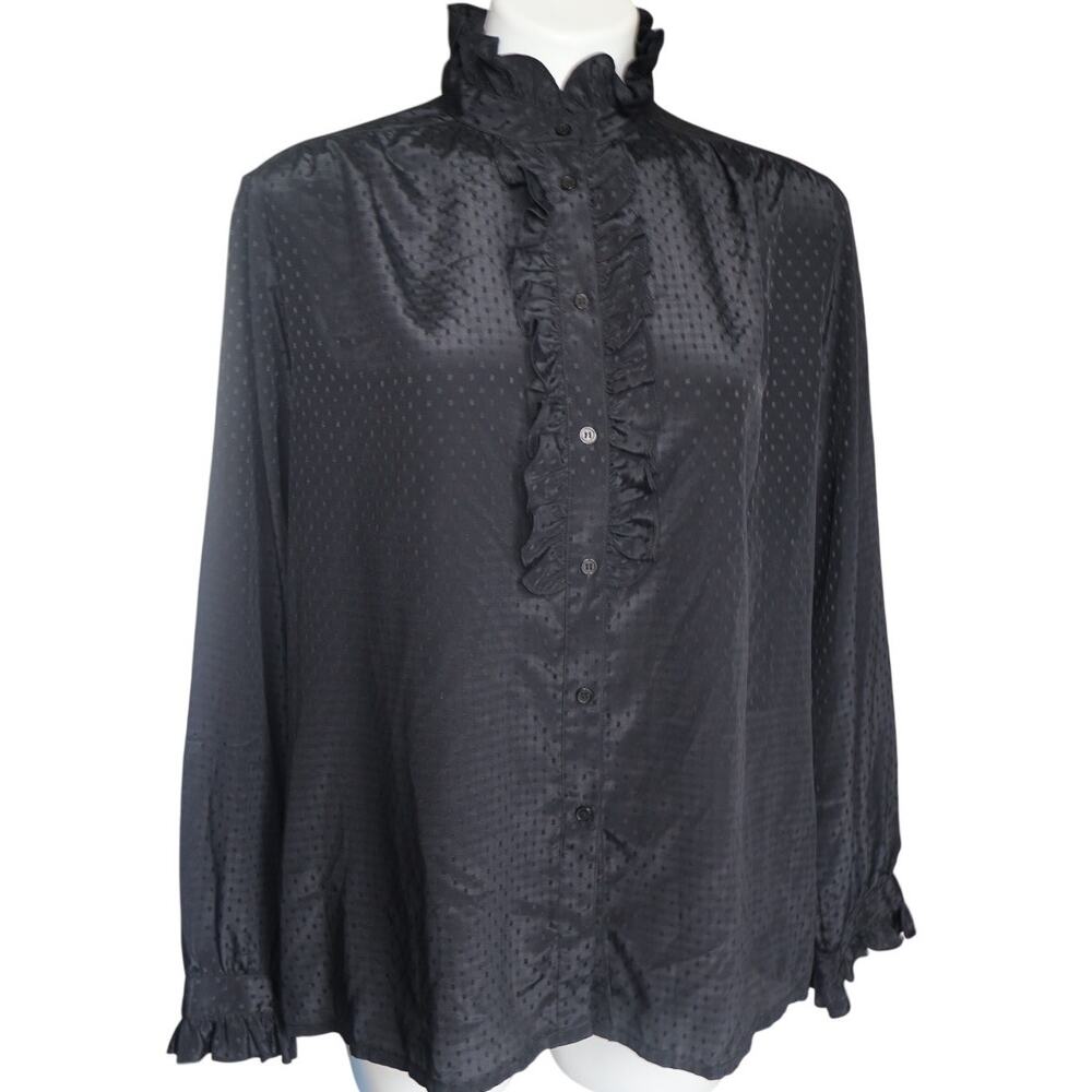 VTG Gothic Victorian High Neck Ruffle Top XL Black Polka Dot Whimsygoth Vampire
